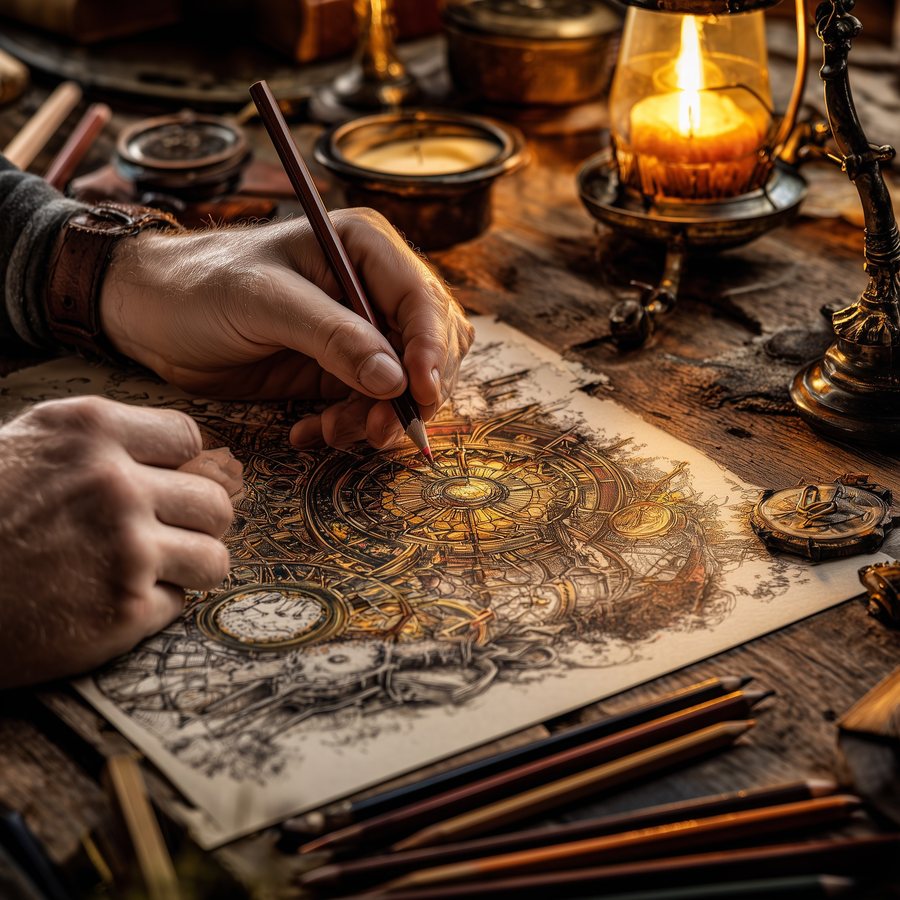 Hands inking an intricate steampunk coloring page by lamplight